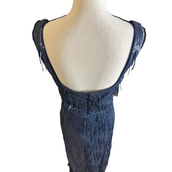 R&M Richards Blue Sequin Maxi Dress NEW V Neck Fringe Open Back Stretchy Size 14 - Picture 6 of 9
